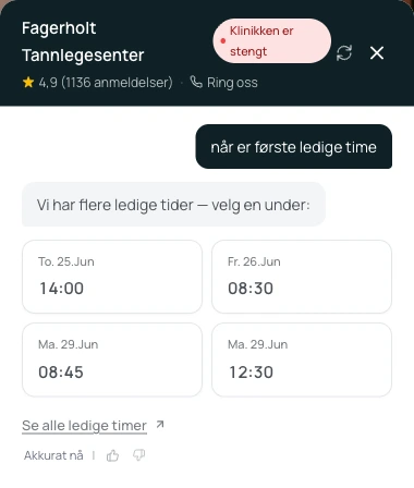 Fagerholts chatbot viser ledige tider, når patienten spørger «hvornår er første ledige tid»