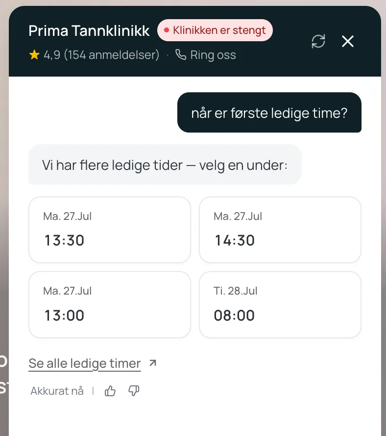 Prima-chatbotten viser faktiske ledige tider fra Opus, når patienten spørger «hvornår er første ledige tid?»