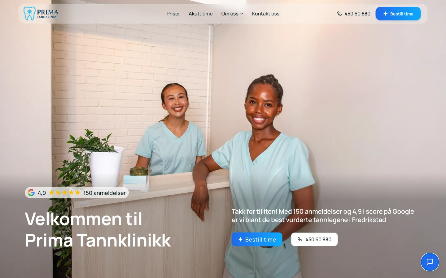 Forsiden af Prima Tannklinikks hjemmeside
